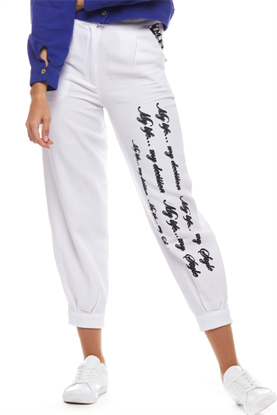 White Letter Printed Pant