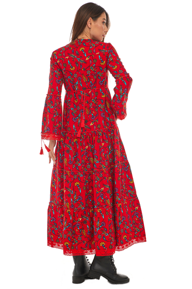 Pazen Kırmızı Dantelli Çini Desen Uzun Elbise