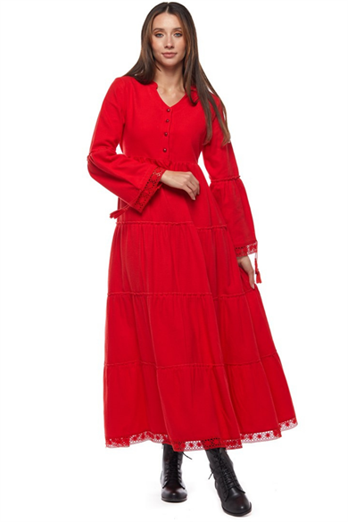 Pazen Kırmızı Dantelli Düz Desen Uzun Elbise