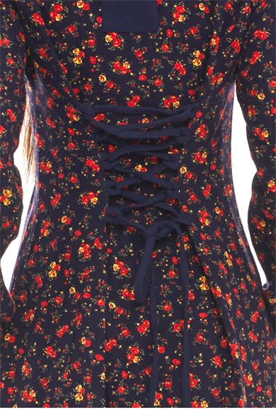Pazen Lacivert Çiçek Desenli Düğmeli Cepli Elbise