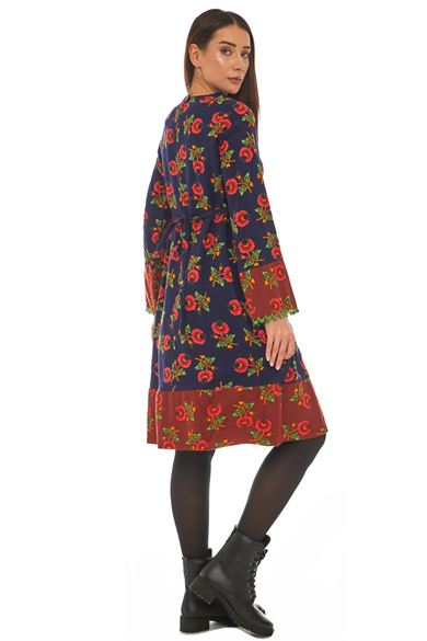 Pazen Lacivert Çiçek Desenli Otantik Elbise