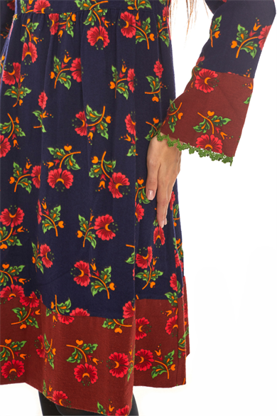 Pazen Lacivert Çiçek Desenli Otantik Elbise