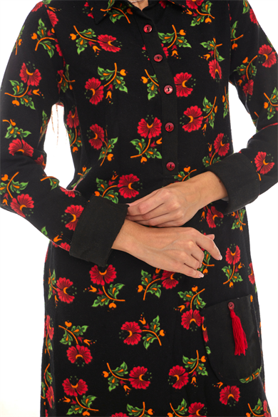 Pazen Siyah Çiçek Desenli Cepli Elbise