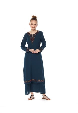 Petrol Blue Long Sleeve Embroidered Layered Dress