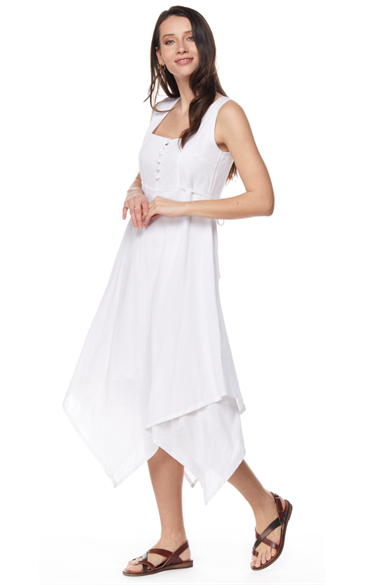 Şile Bezi Beyaz Asimetrik Düğmeli Elbise