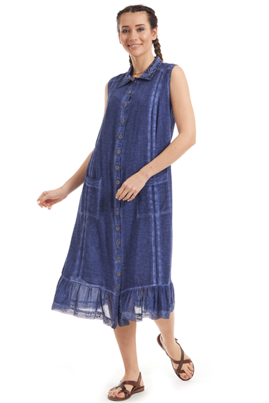 100% Cotton Sleeveless İndigo Blue  Dress