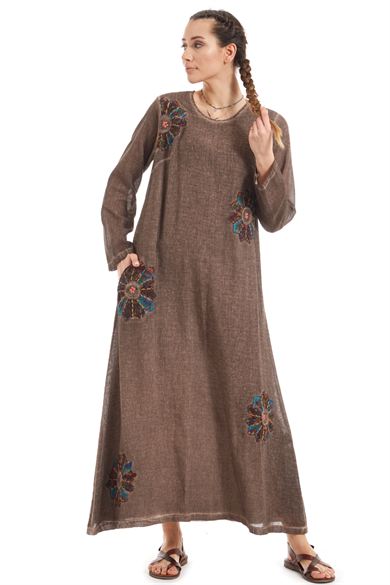 Şile Bezi Kahve Uzun Kol Çiçek Motifli  Elbise 
