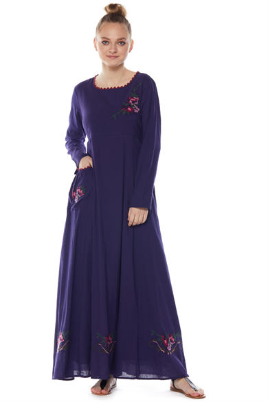 Şile Bezi Mor Uzun Kollu Nakış Detaylı Elbise