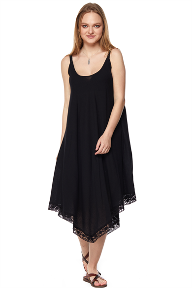 Şile Bezi Siyah Askılı Asimetrik Elbise