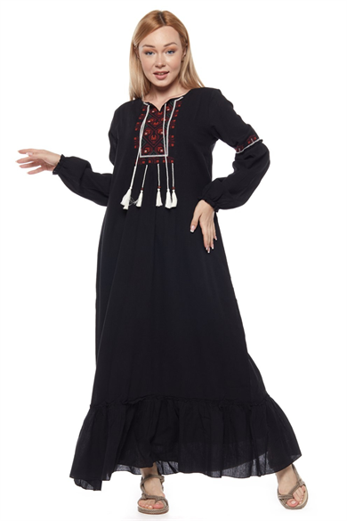 Şile Bezi Siyah Uzun Kollu Püsküllü Elbise