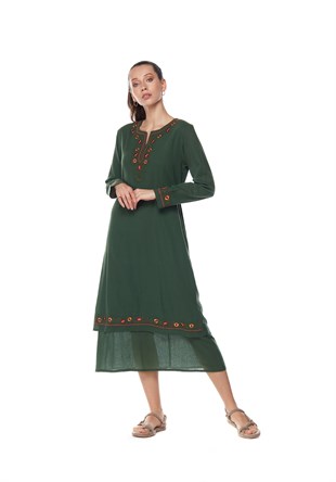 Green Long Sleeve Embroidered Layered Dress